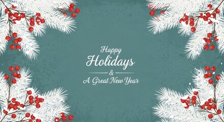 Festive holiday illustration with white pine branches and red berries creating a frame