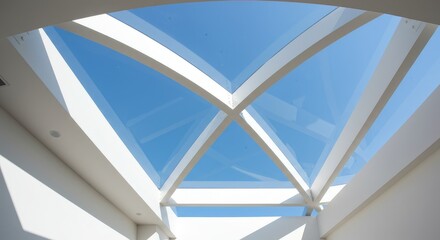 Obraz premium Modern Skylight Structure with White Beams Against a Clear Blue Sky