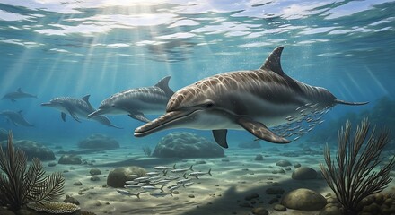 Fototapeta premium Underwater scene with dolphins swimming near a school of fish and coral