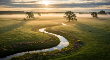 Fototapeta premium Winding stream and trees in misty sunrise light