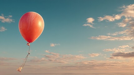 Fototapeta premium Red balloon floats in a blue sky with soft clouds and sunset light.