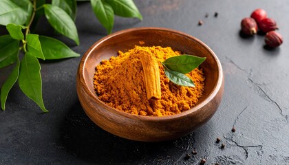 Wooden bowl of turmeric powder with spice