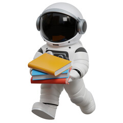 Astronaut Carrying Stack of Books Against Transparent Background