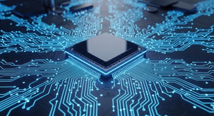 Futuristic technology with glowing circuit board and central processing unit design
