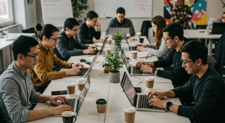 Collaborative work session office space digital workspace modern environment overhead team productivity