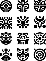 Set of Ancient Tribal Symbols, Ethnic Mystical Masks and Sacred Glyphs Vector Icons