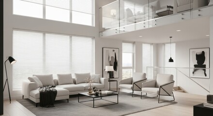 Modern luxury apartment interior showcasing minimalist design and bright open space features a