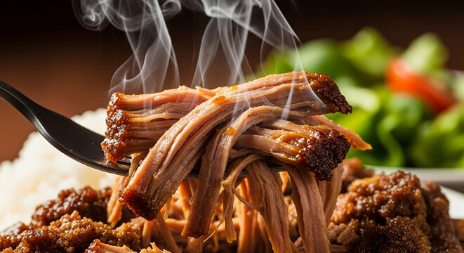 Close-Up of Juicy Kalua Pork on a Fork with Combo Plate