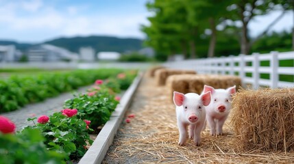 Two Small Pink Piglets Standing on Straw in a Farm Field with a White Fence and Green Trees Under a Blue Sky