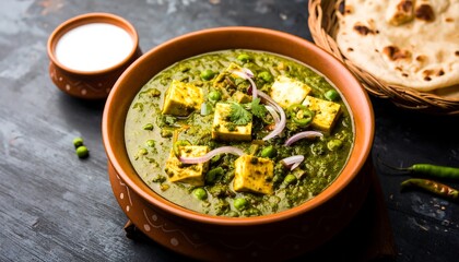 Savory spinach and cheese curry with peas, served with flatbread