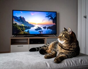 A tabby cat is relaxing on a soft gray ottoman, gazing intently toward the side, with a large flat-screen TV displays a vivid landscape of mountains, water, and a setting sun background