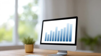 Computer monitor bar chart data analysis in office workplace showing business growth and report, modern workspace with keyboard, plant, and natural light for productivity, blue graph chart on desk - Powered by Adobe