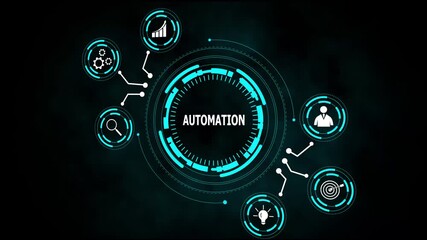 Futuristic digital interface displaying automation concept with icons for growth people and ideas. Futuristic digital interface with business icons. Automation network shows data and progress. - Powered by Adobe