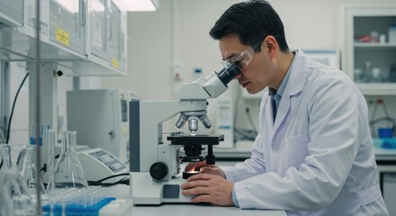 Microscope examination by scientist in laboratory scientific research environment focused viewpoint on cellular structures