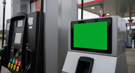 Gas station pump with a green screen display offers a blank canvas for marketing or informational