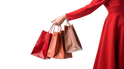 Woman with multiple shopping bags, holding red paper bags, embodying the spirit of festive season shopping, PNG background.
