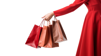 Woman with multiple shopping bags, holding red paper bags, embodying the spirit of festive season shopping, PNG background.
