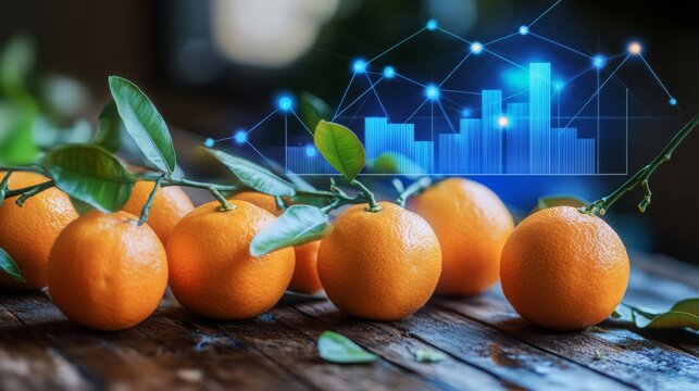 Fresh oranges with digital analytics overlay showcasing market data in a rustic setting - Powered by Adobe