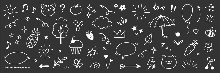 Line cute element set. Hand drawn scribble heart, arrow, flower and cloud elements on chalkboard background. Doodle sketch heart, star, cloud cartoon sticker shapes. Vector illustration