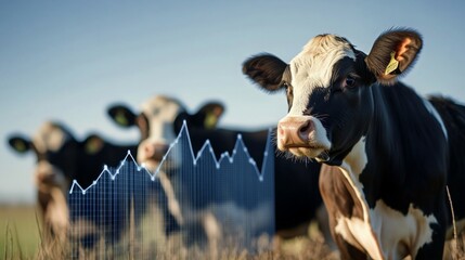Cows in a green field with financial data overlay representing agricultural trends in farming