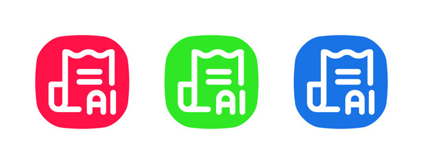 This set includes a red, green, and blue icon with a notepad and AI text, perfect for use in applications that create reports, summaries, and written content automatically.