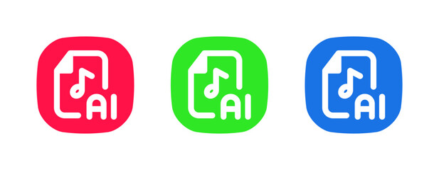 This set includes a red, green, and blue icon with a music note and AI text, perfect for applications that use AI to create, analyze, or recommend music and audio content.