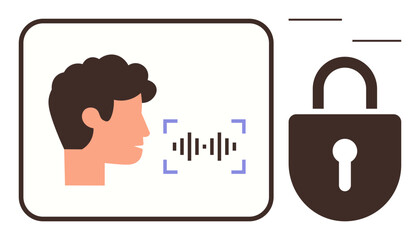 Profile view of a person with sound waves representing voice recognition, paired with a lock symbol implying secured access. Ideal for cybersecurity, identity verification, privacy, user data