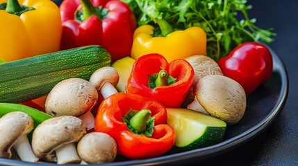 Freshly selected colorful vegetables arranged on a black plate ready for preparation in a kitchen