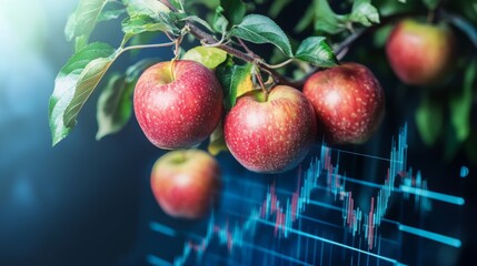 Fresh apples hanging on a tree branch contrasted with a digital growth chart in a modern setting