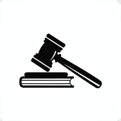 Vector art of gavel resting on a book, representing law, order, and legal proceedings in a simple black and white illustration for justice and authority