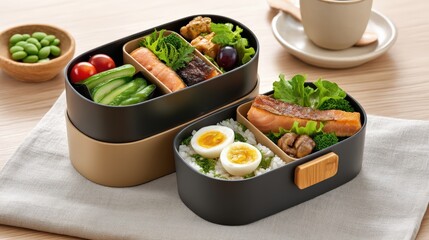 Bento box made from biodegradable plastic, placed on linen cloth flat lay, top-down flat light, kraft brown and ivory, minimal composition, high-resolution mockup, eco branding, product design