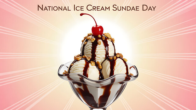 National Ice Cream Sundae Day celebration featuring a classic sundae with vanilla ice cream, chocolate syrup, nuts, and a cherry on top.