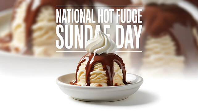 A hot fudge sundae with vanilla ice cream, chocolate sauce, and whipped cream on a white plate, celebrating National Hot Fudge Sundae Day