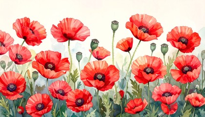 Fototapeta premium Watercolor poppy field (1)