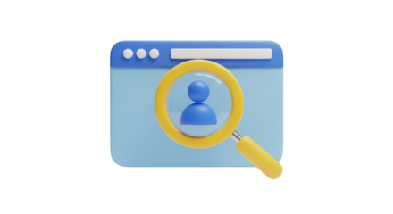 3D Magnifying Glass Over Blue Person Icon on Browser Window isolated on a transparent background