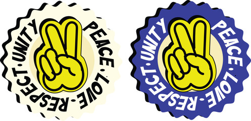 Retro Peace Sign Badge Sticker – Yellow Hand Victory Symbol with Blue and White Circle Border