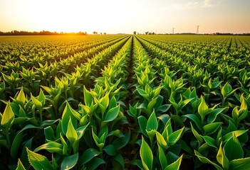Vast rows of green soybeans bask in summer sun, Vojvodina, Serbia,  organic,  Vojvodina