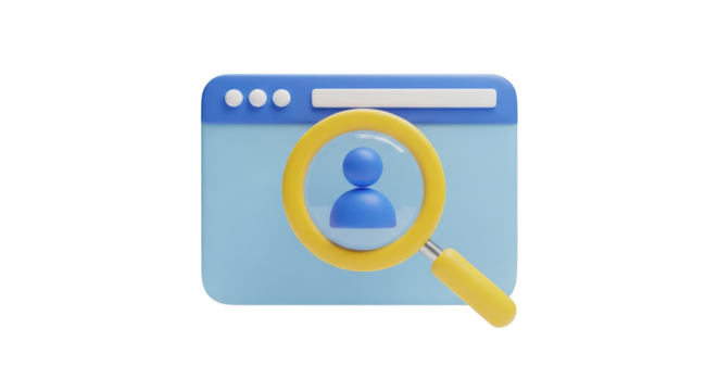 3D Magnifying Glass Over Blue Person Icon on Browser Window isolated on a transparent background