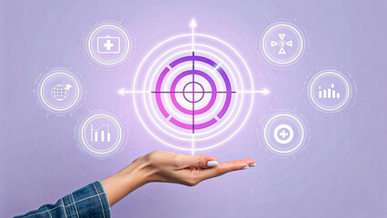 Business hand holding digital target with marketing strategy icons on purple background  
