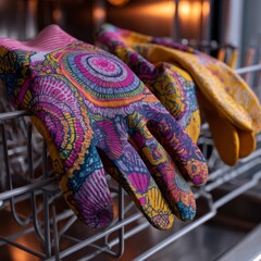 Obraz premium colorful patterned rubber gloves for the dishwasher