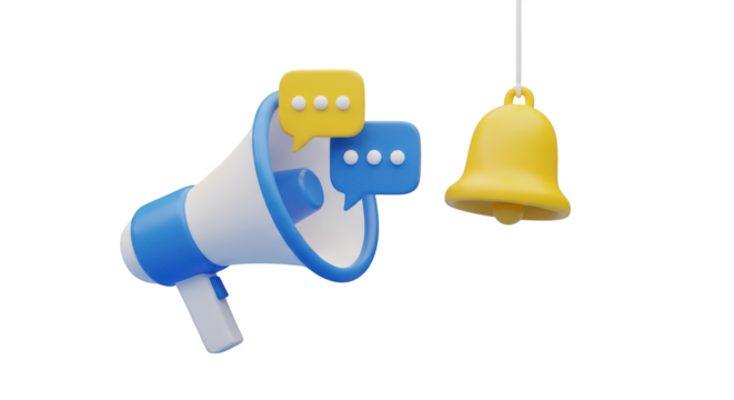3D Megaphone with Speech Bubbles and Notification Bell isolated on a transparent background
