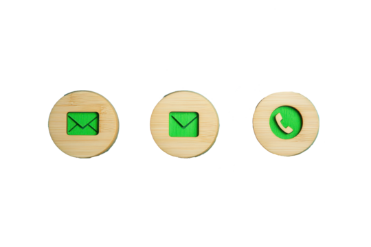 Wooden circles with green icons for phone, email, and chat on a transparent background.