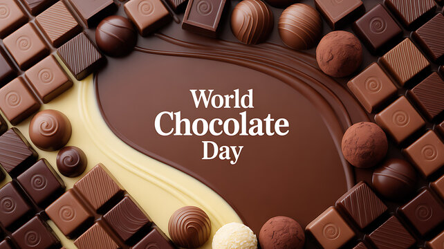 World Chocolate Day celebration with assorted chocolate pieces and flowing chocolate design