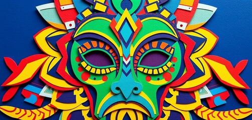 Layered paper cut tribal mask, vibrant geometric patterns, bold colors, textured ,   tribal mask,   texture