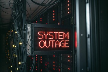 System outage warning with bold glowing red text 'SYSTEM OUTAGE' displayed inside a dark server room filled with blinking lights and network cables