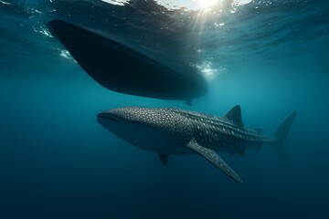 Fototapeta premium Illustration of a whale shark swimming close to a boat, symbolizing the dangers of ship strikes, marine accidents, and the importance of conservation and safe navigation in ocean habitats