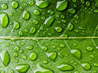 Crisp macro shot of a vibrant green leaf covered in perfectly formed, clear water droplets, highlighting nature's freshness and texture