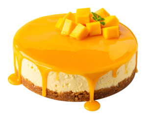 Delicious glazed mango cheese cake with fresh diced mango isolated on transparent png