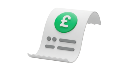 3D Render of a Pound Sterling Receipt with Green Symbol isolated on a transparent background