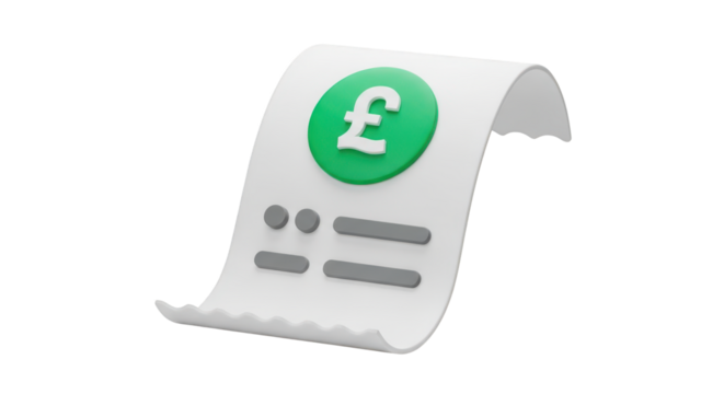 3D Render of a Pound Sterling Receipt with Green Symbol isolated on a transparent background